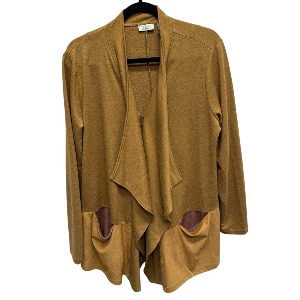 LOGO Lounge Lori Goldstein Mustard Yellow Cardigan faux Suede medium casual